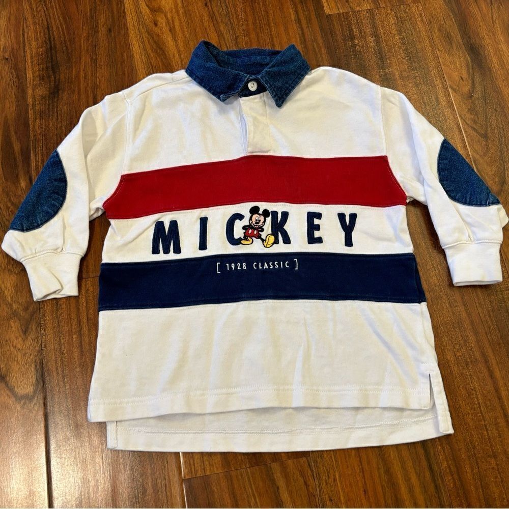 Disney Mickey Mouse Vintage Rugby Long Sleeve Embroidered Collared Shirt